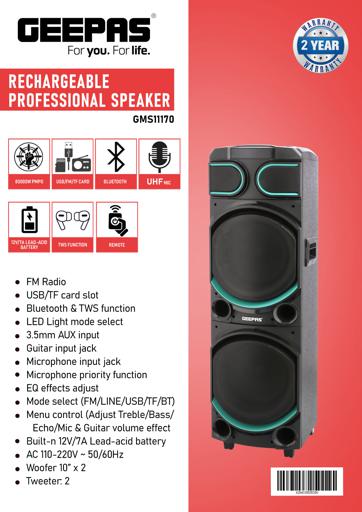 display image 11 for product Rechargeable Professional Speaker, LED Lights, GMS11170 | USB/ FM/ TF Card, Bluetooth/ TWS | 12V/7A Lead-Acid Battery | UHF MIC | Remote Control | 80000W PMPO