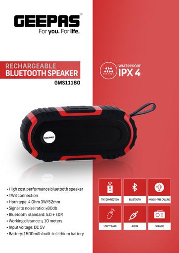 display image 8 for product Geepas GMS11180 Bluetooth Rechargeable Speaker - Portable Wireless Speakers, 1500mAh Battery with Bass, TF Card, AUX, USB Playback |Perfect for Home, Party, Outdoor