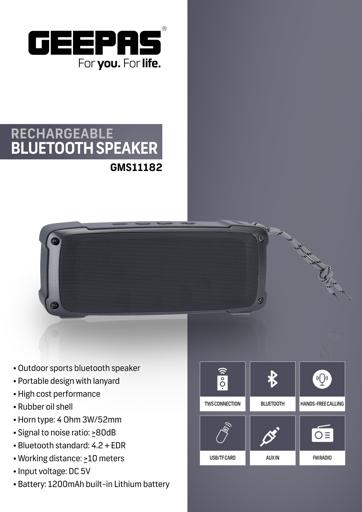 display image 8 for product Bluetooth Rechargeable Speaker, Hands Free Calling, GMS11182 | 1200mAh Battery | TF Card/ AUX/ USB/ TWS/ BT/ FM | Portable Speaker Perfect for Home, Party, Outdoor