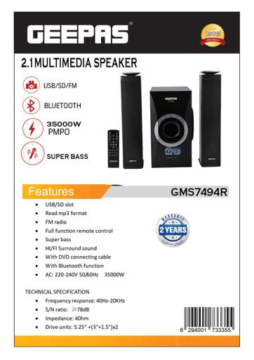 display image 14 for product Geepas GMS7494N 2.1 Multimedia Speaker- Home Theatre System with Bass Hi-Fi Surround Sound - USB - SD Card Reader |Remote Controller & Digital LED Display
