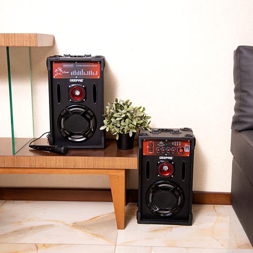 display image 1 for product Geepas GMS8425 6.5" 2 Channel Professional Speakers - Master Volume/Bass/Treble Knob, Wireless Microphone, USD & SD Ports |Ideal for Discos, Singing, Karaoke