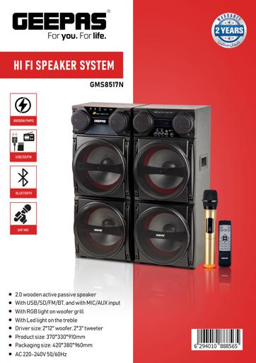 display image 15 for product Hi-Fi Speaker System, Remote Control , GMS8517 | USB/SD/FM/BT, and MIC/AUX Input | 80000W PMPO | RGB Light on Woofer Grill | LED Light on The Treble