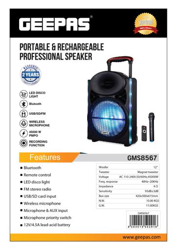 display image 11 for product Geepas GMS8567 12-Inch Trolley Bluetooth Speaker - Portable Wireless Microphones, Rechargeable Battery |Karaoke DJ Speaker |LED Lights |Trolley Handle