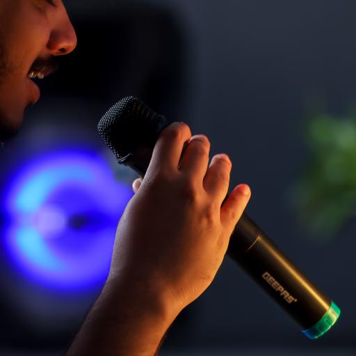 display image 1 for product Geepas GMS8568 Portable & Rechargeable Speaker - Wireless Microphones, 1800mAh Battery| Karaoke DJ Speaker & LED Lights |Portable Speaker |Trolley Handle