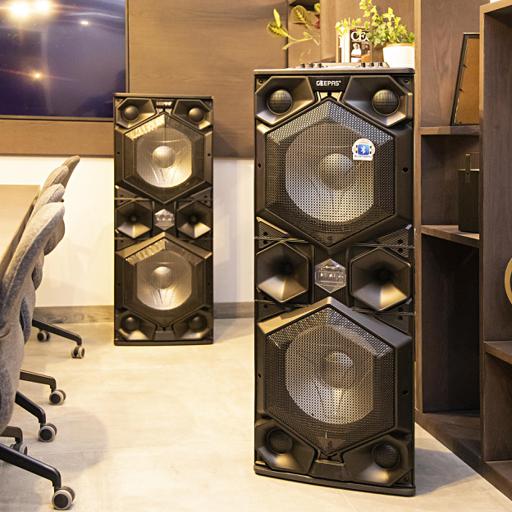 display image 1 for product Geepas GMS8569 Professional Active Speaker System - Bluetooth Speaker |Wireless Microphones, | LED Lights |Trolley Handle, USB & Auxiliary Inputs