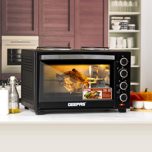 Geepas 38L Mini Oven Cooker Grill & Rotisserie With Electric Hob Double Hotplate 