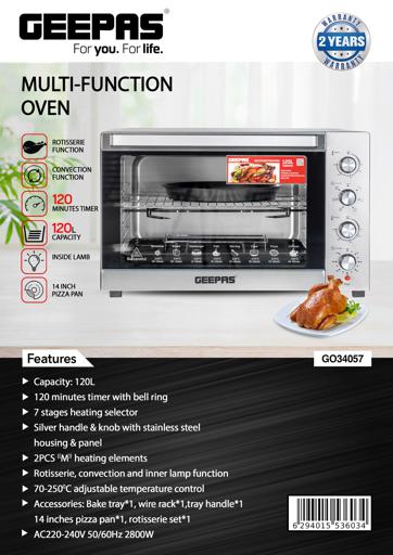 display image 18 for product Multi-Function Oven, Rotisserie & Convection Oven, GO34057 | 120L Oven with Inner Lamp | Adjustable Temperature Control | 120mins Timer | Stainless Steel Housing