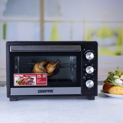 display image 1 for product Geepas Electric Oven with Rotisserie 25L - Electric Oven 1600W - 100-250 Adjustable Temperature, 60 min Timer Function - Multiple Cooking Functions & Grill - Accessories Included - 2 Year Warranty