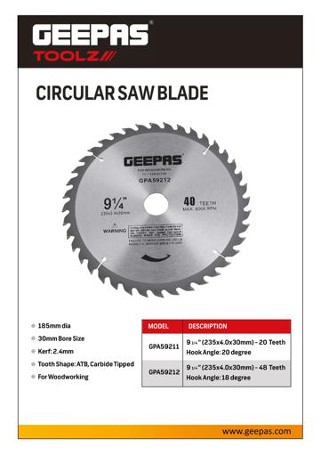 display image 6 for product Geepas GPA59212 Professional Circular Saw Blade - 235mm x 30mm Bore, |Thin Kerf | 48 ATB Sharp Teeth | Ideal for Carpenter, Professional, DIYers & More