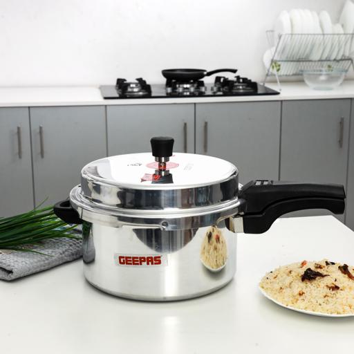 display image 1 for product Geepas GPC327 7.5L Stainless Steel Induction Base Pressure Cooker - Lightweight & Durable Cooker with Lid, Cool Handle & Safety Valves | 5 Years Warranty