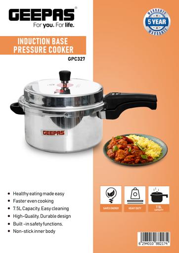 display image 7 for product Geepas GPC327 7.5L Stainless Steel Induction Base Pressure Cooker - Lightweight & Durable Cooker with Lid, Cool Handle & Safety Valves | 5 Years Warranty