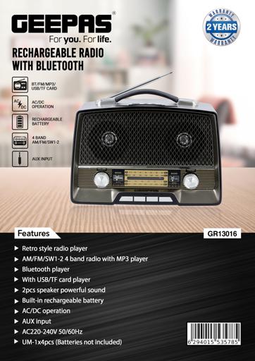 display image 19 for product Rechargeable Radio with Bluetooth, 3-Band Radio, GR13016 | AUX Input | Rechargeable Battery Radio | AC/ DC Operation | BT/ FM/ MP3/ USB/ TF Card