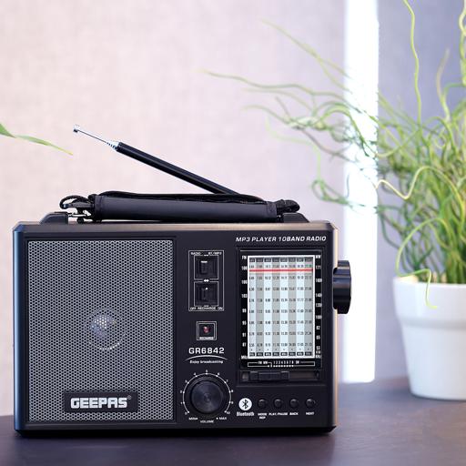 display image 1 for product Geepas GR6842 Rechargeable Radio - BT/USB/SD /TF Music Player | Bluetooth Speaker | Lightweight Portable FM Radio | 10 Band Radio  | Stylish Retro Design