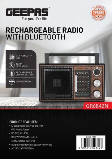 display image 27 for product Geepas GR6842 Rechargeable Radio - BT/USB/SD /TF Music Player | Bluetooth Speaker | Lightweight Portable FM Radio | 10 Band Radio  | Stylish Retro Design