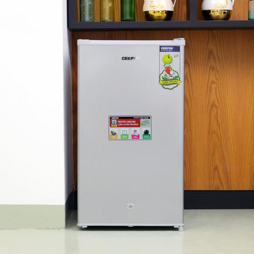 display image 1 for product Defrost Mini Fridge with Lamp, Door Lock & Key, GRF115SPEN - Low Noise Design, Compact, Powerful Compressor, Energy Saving, Faster Cooling, Adjustable Thermostat, 110L Capacity