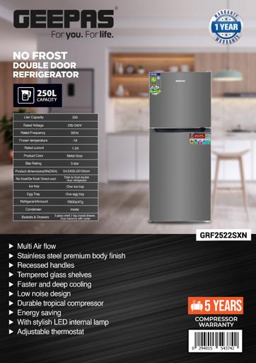 display image 23 for product Geepas 250 Litre Double Door Refrigerator - Silver