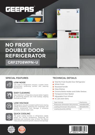 display image 17 for product Geepas Double Door Total No-Frost Refrigerator- GRF2708WPN/ 270 L, Quick Cooling, Equipped with Glass Shelves, Chrome Bottle Holder, Transparent Door Basket and Chiller Shelf/ White, 1-Year Warranty