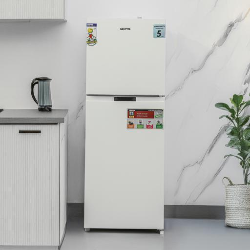 display image 3 for product Geepas Double Door Total No-Frost Refrigerator- GRF2708WPN/ 270 L, Quick Cooling, Equipped with Glass Shelves, Chrome Bottle Holder, Transparent Door Basket and Chiller Shelf/ White, 1-Year Warranty