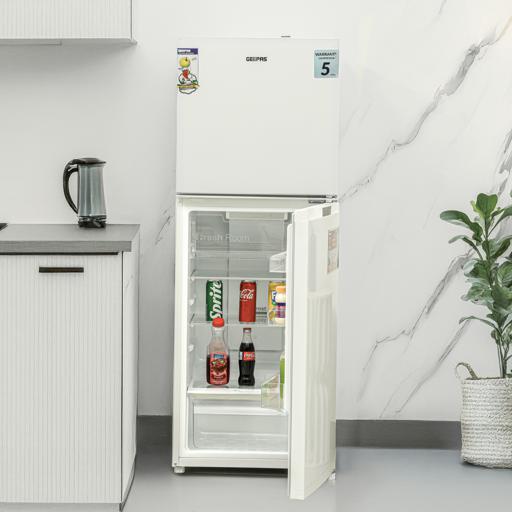 display image 5 for product Geepas Double Door Total No-Frost Refrigerator- GRF2708WPN/ 270 L, Quick Cooling, Equipped with Glass Shelves, Chrome Bottle Holder, Transparent Door Basket and Chiller Shelf/ White, 1-Year Warranty
