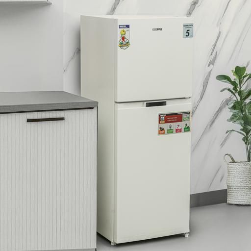display image 2 for product Geepas Double Door Total No-Frost Refrigerator- GRF2708WPN/ 270 L, Quick Cooling, Equipped with Glass Shelves, Chrome Bottle Holder, Transparent Door Basket and Chiller Shelf/ White, 1-Year Warranty