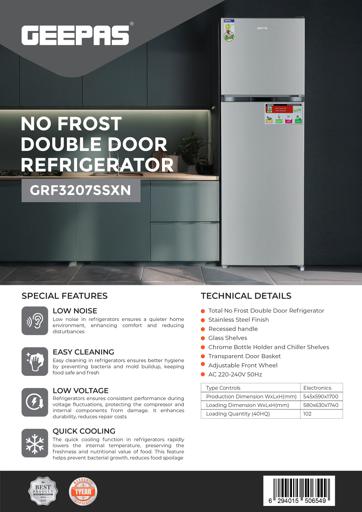 display image 15 for product Geepas GRF3207SSXXN 320L Double Door Refrigerator - Free Standing Durable Double Door Refrigerator, Recessed Handle, Quick Cooling, Low Noise, Low Energy Consumption, Defrost Refrigerator | 1 Year Warranty