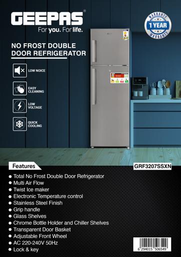 display image 27 for product Geepas GRF3207SSXXN 320L Double Door Refrigerator - Free Standing Durable Double Door Refrigerator, Recessed Handle, Quick Cooling, Low Noise, Low Energy Consumption, Defrost Refrigerator | 1 Year Warranty