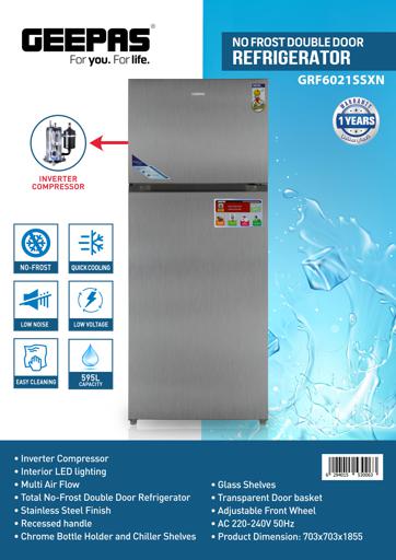 display image 15 for product Geepas GRF6021SSXN 595L No Frost Double Door Refrigerator - Durable Low Consumption Fast Cooling & Low Noise | Preserves Freshness, Tempered Glass Shelves with Inner Led Light | 1 Year Warranty