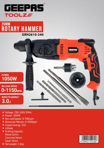 display image 8 for product 26mm Rotary Hammer, Hammer with SDS plus, GRH2610-240 | 4 Function and Adjustable Soft Grip Handle | Point and Flat Chisel | Heavy Duty Rotary Hammer Drill