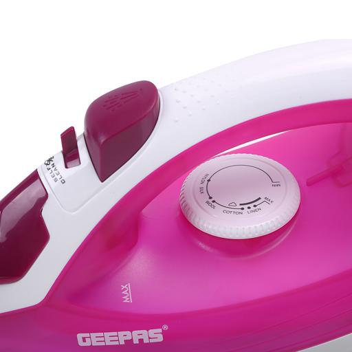 display image 5 for product Geepas 1300W Steam Iron  - Non-Stick Coating Plate & Adjustable Thermostat Control | 210ML Water Tank & Steam Shot for Crease Free Clothes | 2 Years Warranty