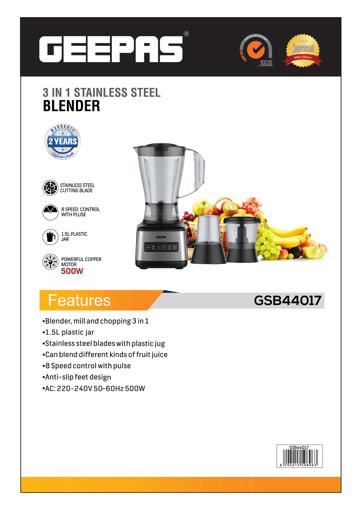 Geepas GSB44017 500W 3 in 1 Stainless Steel Blender - 8 Speed Control ,  1.5L Plastic jar, 4 Sharp Blades & 2 Blending Preset Juicer- Mill &  Chopping Blender, Anti-Slip feet Design