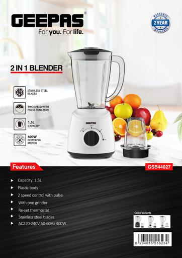 Geepas 2 in 1 Plastic Jar Blender with StainlessSteel Blade 400W - 1.5L