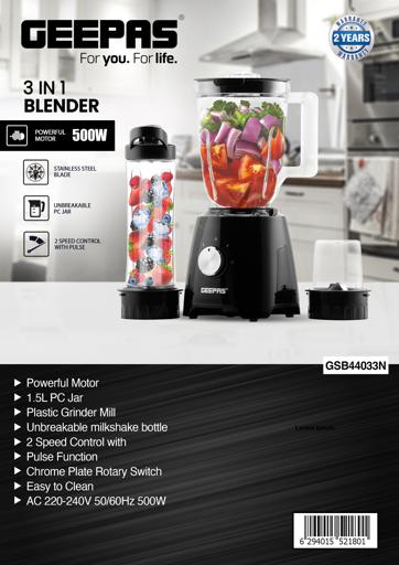 display image 27 for product 3-in-1 Blender with 2 Speed and Pulse Function, GSB44033N | 1.5L & 500ml BPA Jar | Blender for Smoothie, Milkshake | Coffee/ Spice Grinder Mill & Food Jug Blender