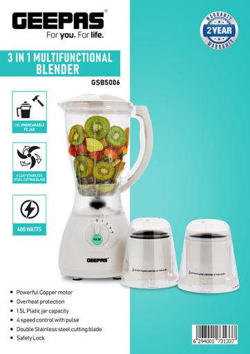 display image 7 for product Geeepas 400W 3 in 1 Multifunctional Blender - Stainless Steel Blades, 4 Speed with Pulse | 1.5L Jar, Over Heat Protection | Coffee Grinder & Smoothie Maker
