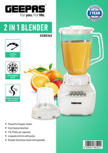 Geepas 2 in 1 Plastic Jar Blender with StainlessSteel Blade 400W - 1.5L