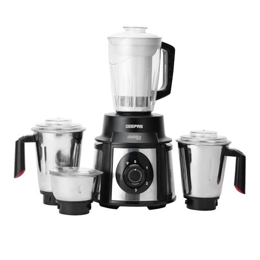 display image 0 for product Geepas 5-IN-1 Mixer Grinder- GSB5457N| 1000 W Powerful Copper Motor and Stainless Steel Jars| Modern Design, Durable Body, Robust Handles and Sharp Blades| 1.5L, 1.0L and 450ML Jars with Polycarbonate Lids| 2 Years Warranty| Black and Silver