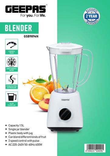 Geepas 2 in 1 Plastic Jar Blender with StainlessSteel Blade 400W - 1.5L