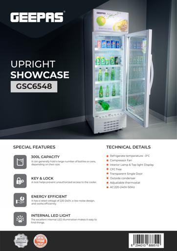 display image 22 for product Geepas GSC6548 300L Upright Showcase Fridge - Adjustable Thermostat, Bottle Cooler with LED Lighting, Ideal for Beer, Wine & Drinks Fridge, Low Energy Compressor Fan