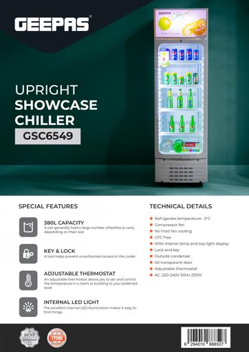 display image 18 for product Geepas GSC6549 380L Upright Showcase Fridge - Adjustable Thermostat, Bottle Cooler |Ideal for Beer, Wine & Drinks Fridge | Low Energy Compressor Fan