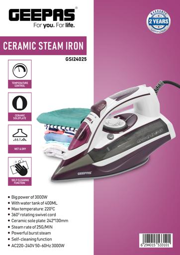 display image 12 for product Ceramic Steam Iron, Temperature Control, GSI24025 | Ceramic Sole Plate, Wet and Dry | Self-Cleaning Function | Powerful Steam Burst | 400ml Water Tank | 2 Years Warranty