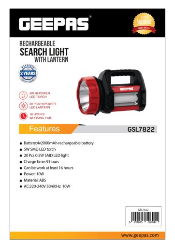 display image 11 for product Geepas Rechargeable Search Light with Lantern - Hand held LED Torch 16 Hours Working with 2000mAh Battery | Perfedt for Camping, Trekking, Outdoor| 2 Years Warranty