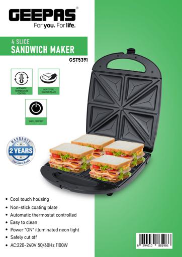 display image 7 for product Geepas 1100W 4 Slice Sandwich Maker - Cooks Delicious Crispy Sandwiches - Cool Touch Handle