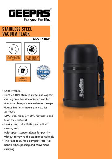 Geepas Vacuum Flask, 1.2L  Stainless Steel Vacuum Bottle Keep Hot & Cold  Antibacterial topper