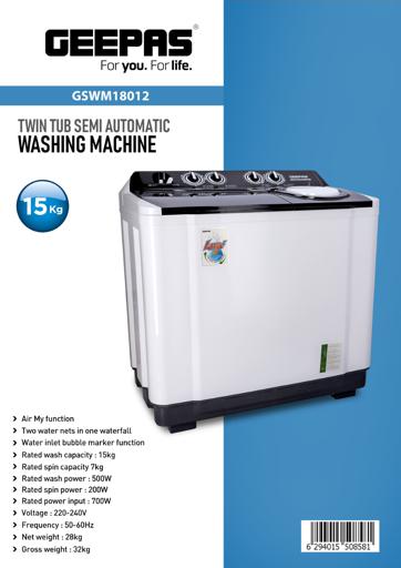 display image 20 for product Geepas Twin Tub Semi Automatic Washing Machine, 15 Kg