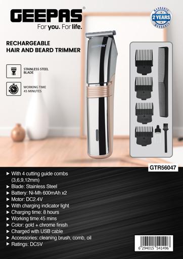 display image 13 for product Rechargeable Hair and Bread Trimmer, 4 Guide Combs, GTR56047 | Professional Cordless Hair Clippers | Rechargeable Haircut Kit with Steel Blade | Grooming Kit with Guide Comb