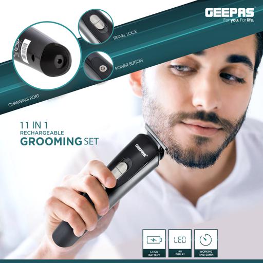 display image 4 for product 11-in-1 Rechargeable Grooming Set, GTR8612N | Hair/ Bread/ Nose/ Ear/ Body Trimmer | 5 Changeable Heads | Li-Ion Battery | 60mins Working Time | LED Display | 4 Combs Attachments