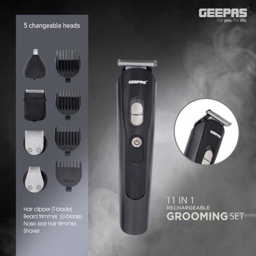 display image 2 for product 11-in-1 Rechargeable Grooming Set, GTR8612N | Hair/ Bread/ Nose/ Ear/ Body Trimmer | 5 Changeable Heads | Li-Ion Battery | 60mins Working Time | LED Display | 4 Combs Attachments