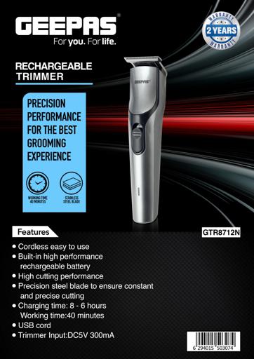 display image 15 for product Geepas GTR8712 Rechargeable Hair Clipper - Grooming Kit with Comfortable Grip, Stainless Steel Precision Cutting Blade, Cordless Operation, Indicator Light with 30 Minute Working | Ideal for Short & Long Hairs | 2 Years Warranty