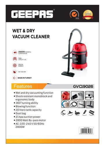 display image 12 for product Geepas 2800W Dry & Wet Vacuum Cleaner For Daily Use - 20L Dust Bag Capacity And Powerful Motor