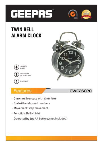 Geepas Twin Bell Alarm Clock - Portable, Lod Classic Analogue Alarm Clock  with Backlight