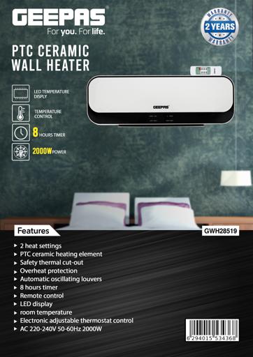 display image 10 for product PTC Ceramic Wall Heater, LED Temperature Control, GWH28519 - 8 Hours Timer, 2000W Power, Remote Control, Temperature Control, Safety Thermal Cut-Out, Overheat Protection, 2 Years Warranty